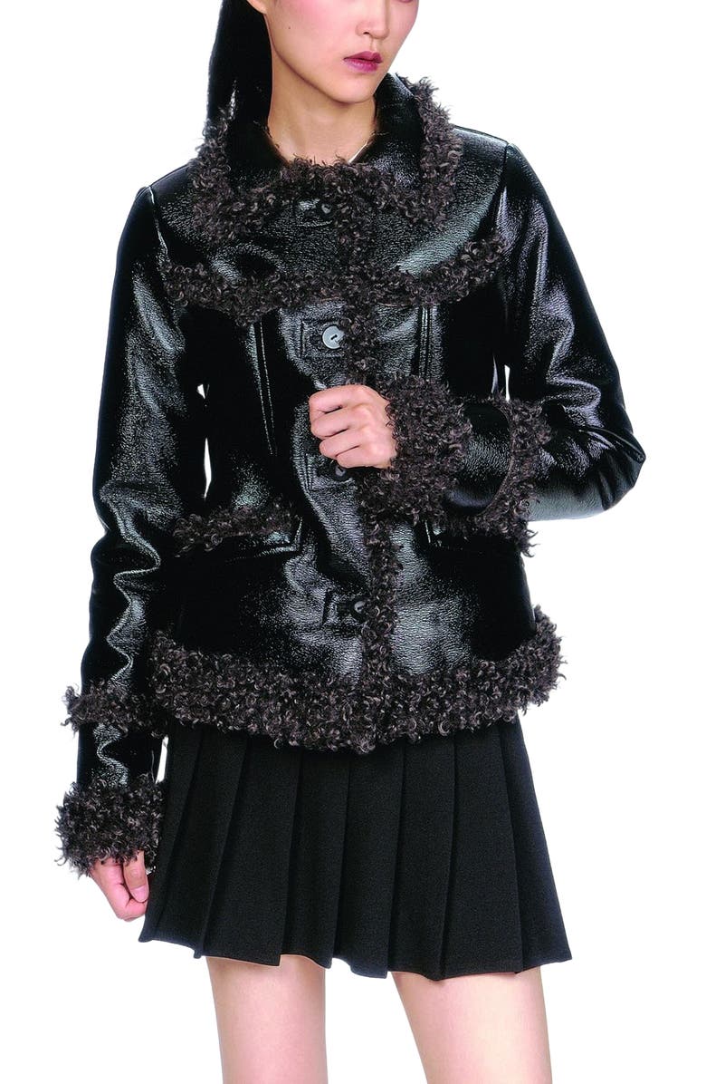 Anna Sui Faux Leather W/ Curly Lamb Trim Jacket, Alternate, color, Black Multi