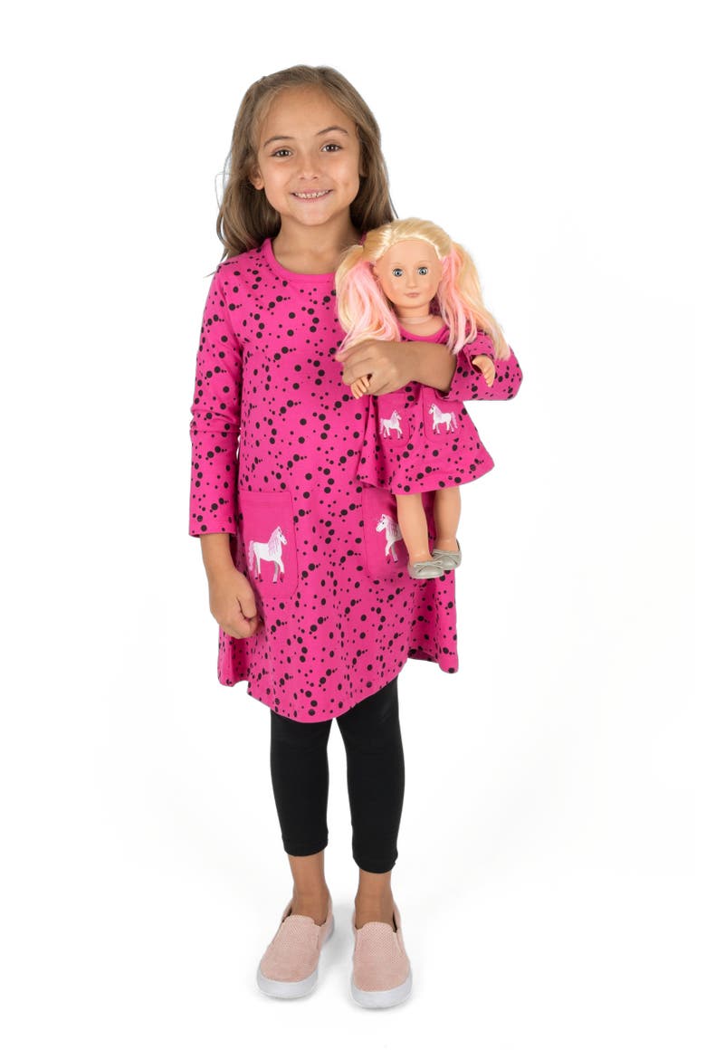 Girls Cotton Dress with Matching Doll Dress, Printed Design, Main, color, DOTS