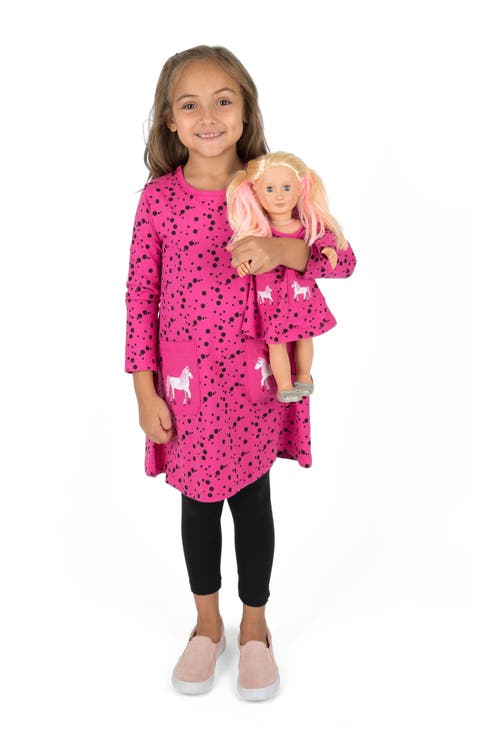 Girls Cotton Dress with Matching Doll Dress, Printed Design