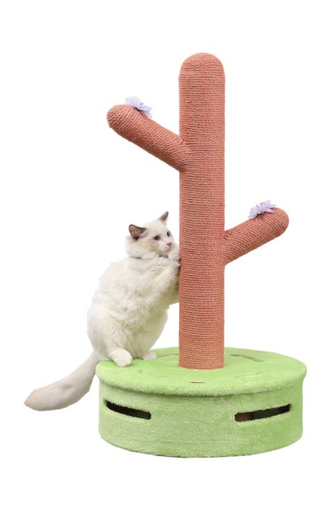 Rosa 36" Modern Jute Cactus Cat Scratching Post with Flower Toys and Built-In Bell Toys