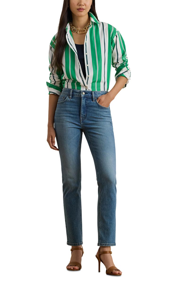 Lauren Ralph Lauren Stripe Cotton Button-Up Shirt, Alternate, color, Green/ Blue/ White