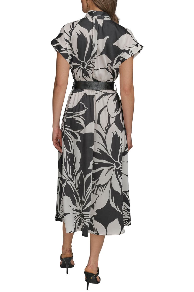 Floral Print Belted Midi Dress, Alternate, color, BLACK/ PRISTINE