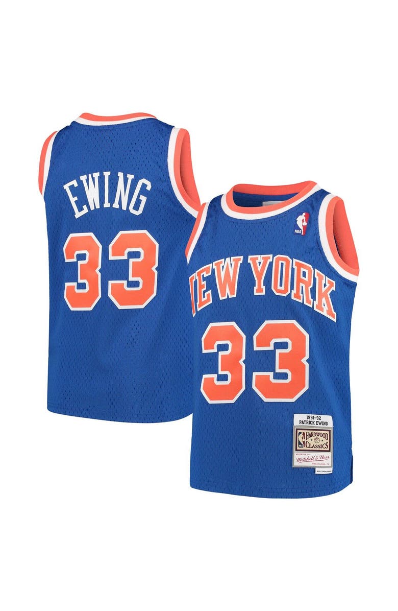 Mitchell & Ness Youth Mitchell & Ness Patrick Ewing Blue New York Knicks Hardwood Classics Swingman Throwback Jersey, Main, color, 