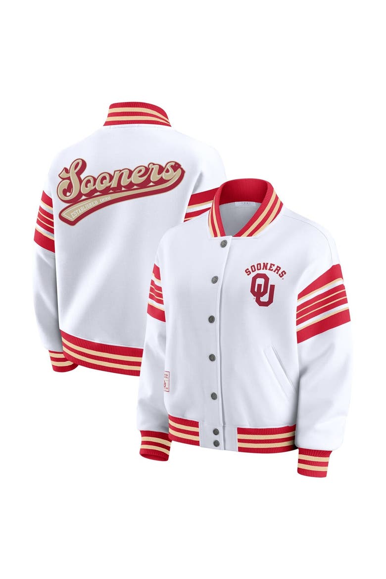 Women's WEAR by Erin Andrews White/Crimson Oklahoma Sooners Satin Stitch Full-Snap Fleece Sweatshirt Jacket, Main, color, White