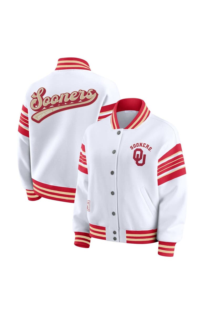 WEAR by Erin Andrews Women
s WEAR by Erin Andrews White/Crimson Oklahoma Sooners Satin Stitch Full-Snap Fleece Sweatshirt Jacket, Main, color, White