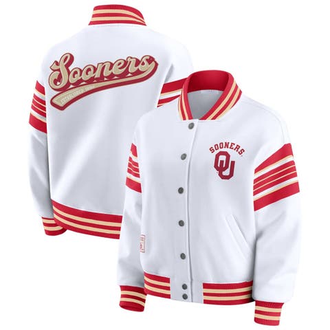 Women
s WEAR by Erin Andrews White/Crimson Oklahoma Sooners Satin Stitch Full-Snap Fleece Sweatshirt Jacket