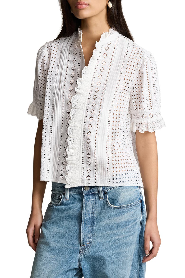 Cotton Eyelet Button-Up Shirt, Main, color, WHITE