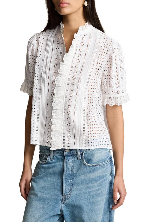 Cotton Eyelet Button-Up Shirt