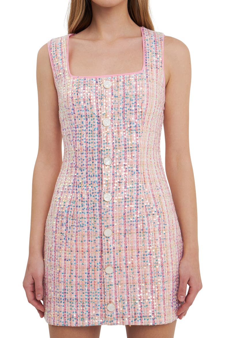 Sequin Tweed Minidress, Alternate, color, PINK