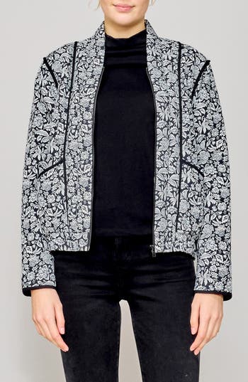 Melloday Floral Quilted Bomber Jacket In Black/white Floral