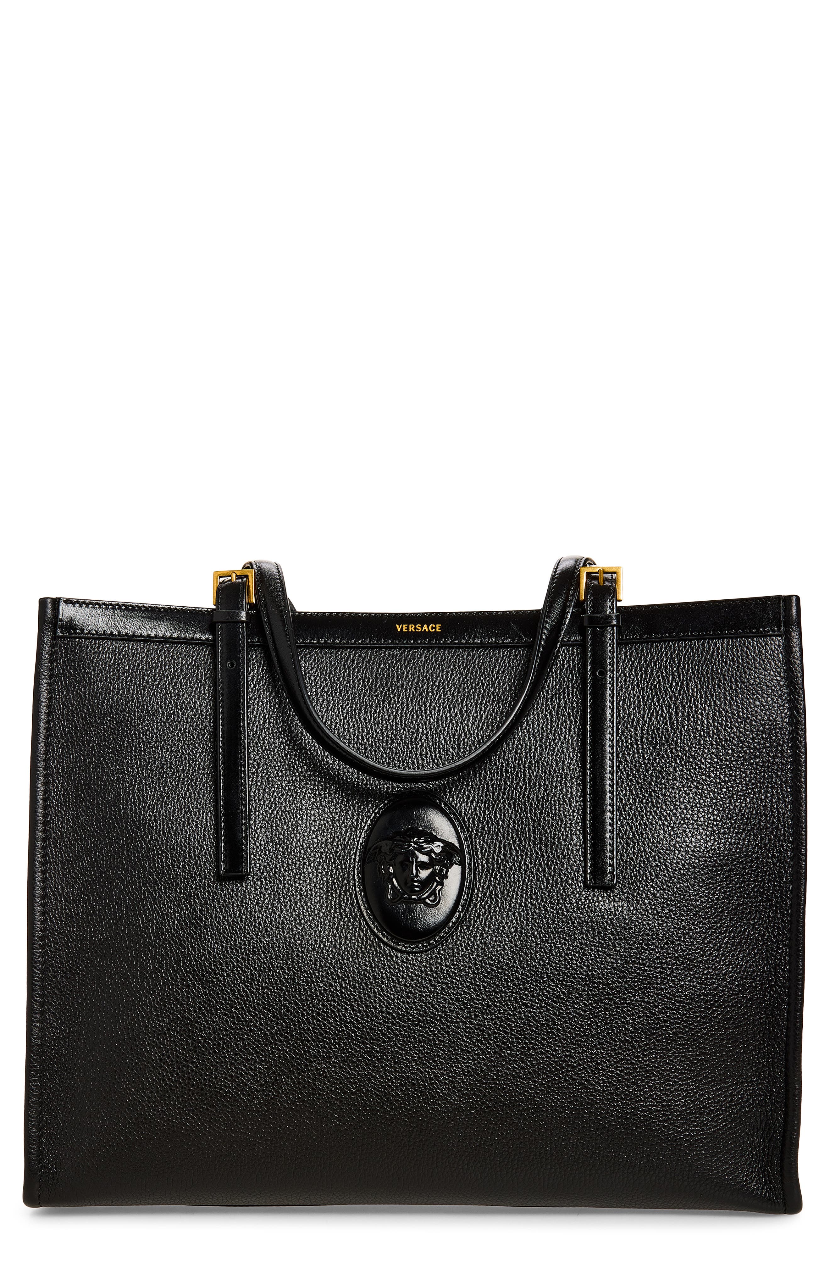 Large Medusa Calf Leather Tote, Main, color, BLACK GOLD 82