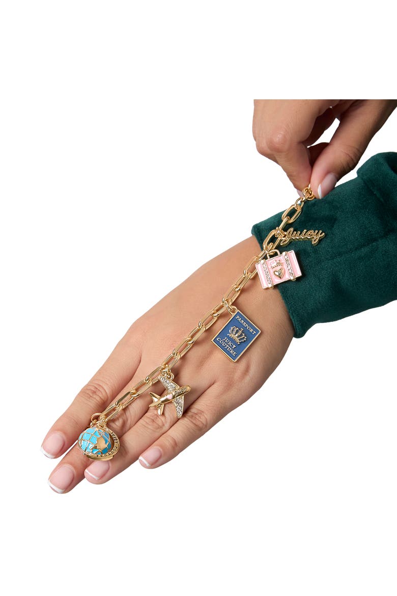 Travel Icons Charm Bracelet, Gold-Tone with Blue & Pink Enamel, Alternate, color, Gold Tone