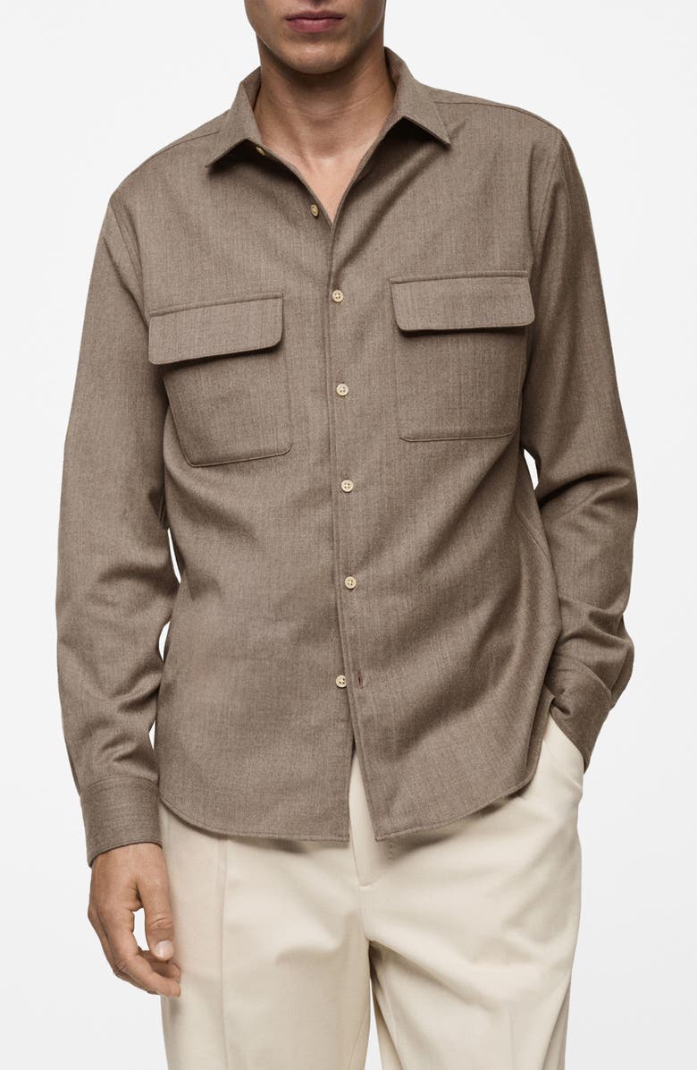 MANGO Slim Fit Wool Button-Up Shirt, Main, color, Medium Brown