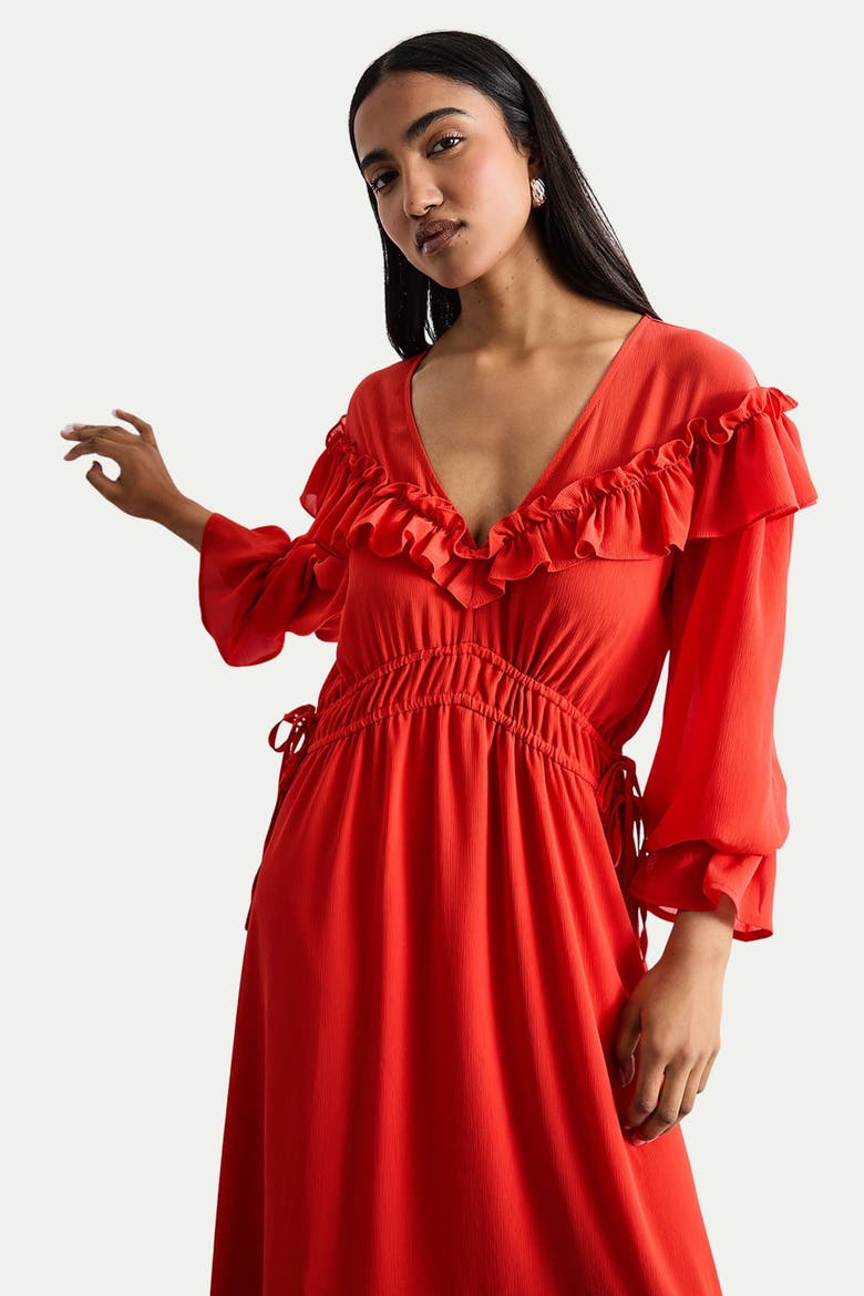 Ruffle Shoulder Detail Boho Maxi Dress, Alternate, color, Red