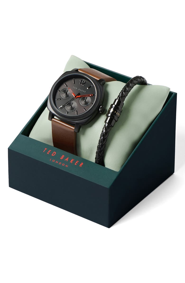 Ted Baker London Caine Leather Strap Watch & Bracelet Set, 42mm, Alternate, color, Black/ Black/ Brown