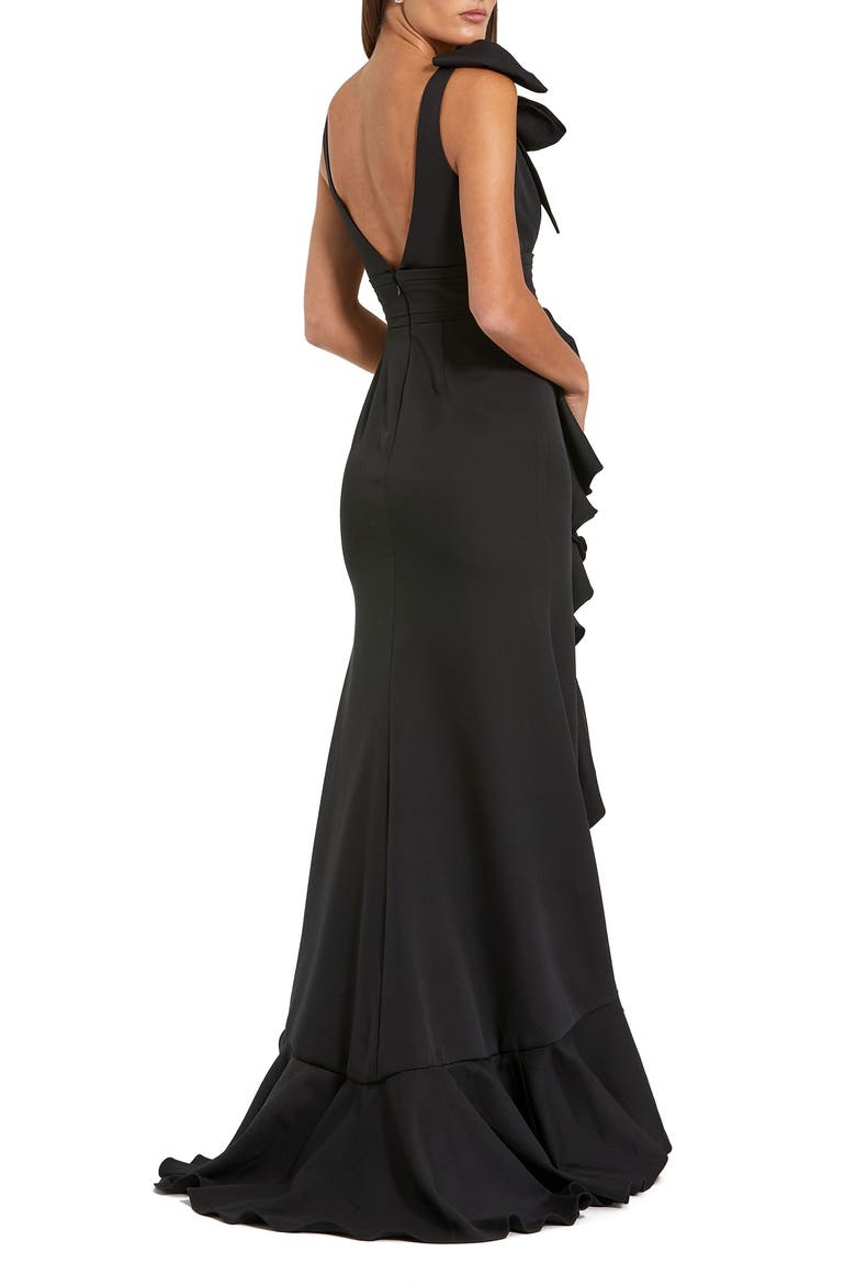 Women's Crepe Sleeveless Ruffled V-Neck Gown With Bow, Alternate, color, Black