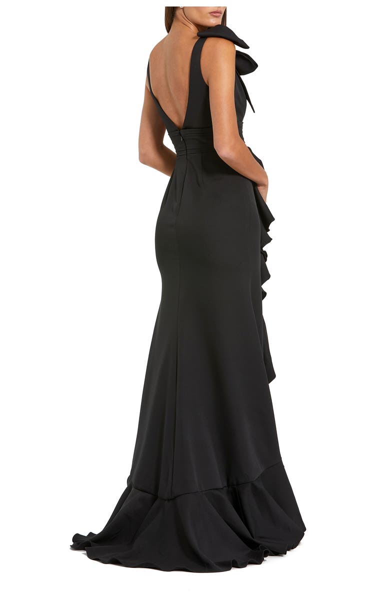 Mac Duggal Crepe Sleeveless Ruffled V-Neck Gown With Bow, Alternate, color, Black