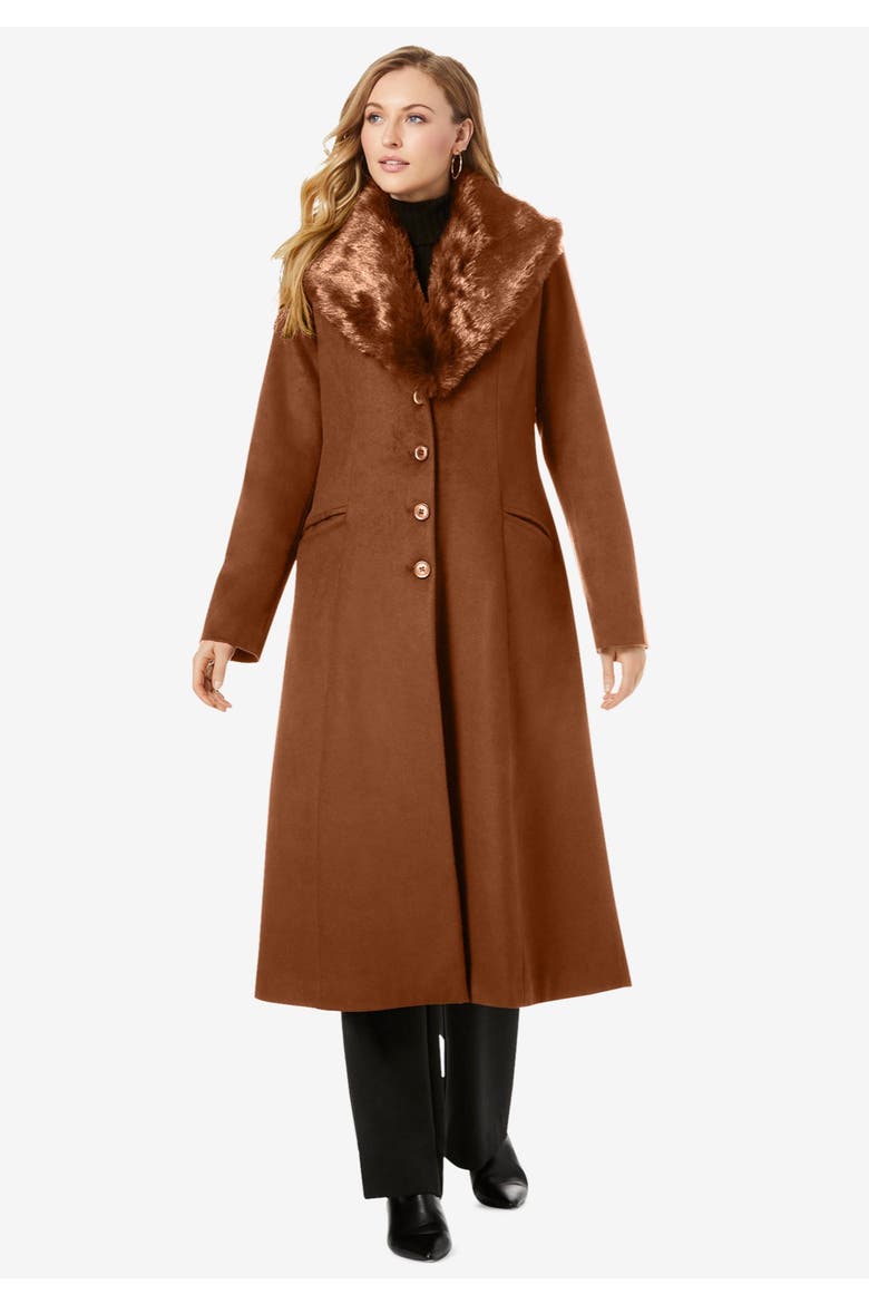 Long Wool-Blend Coat With Faux Fur Collar, Alternate, color, COGNAC