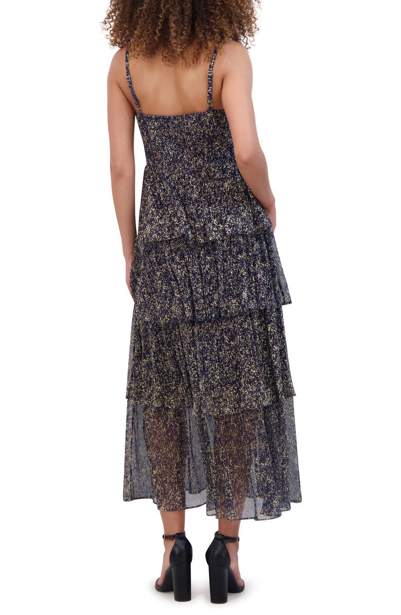 Siena Foiled Plissé Tiered Ruffle Midi Dress, Alternate, color, Navy/ Gold