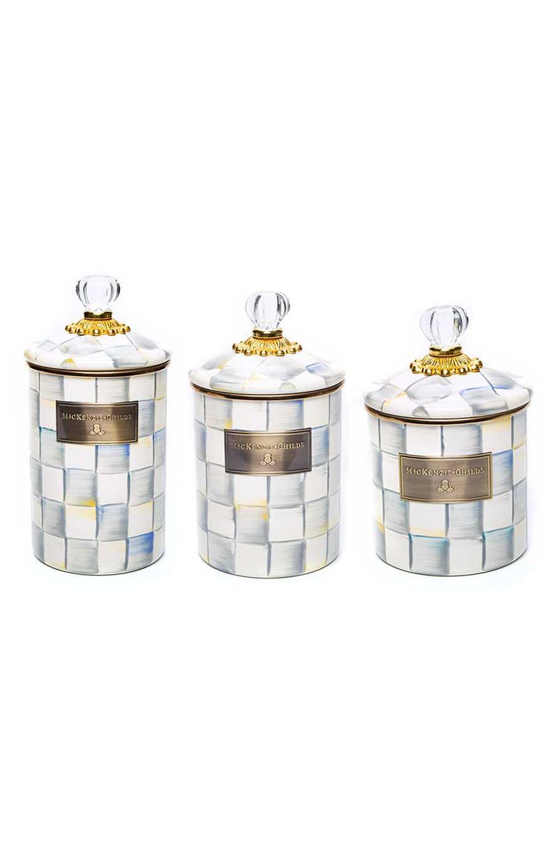 MACKENZIE CHILDS Sterling Check Enamel Set of 3 Canisters with Lids, Main, color, Sterling