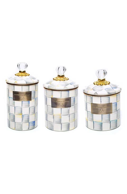 Sterling Check Enamel Set of 3 Canisters with Lids
