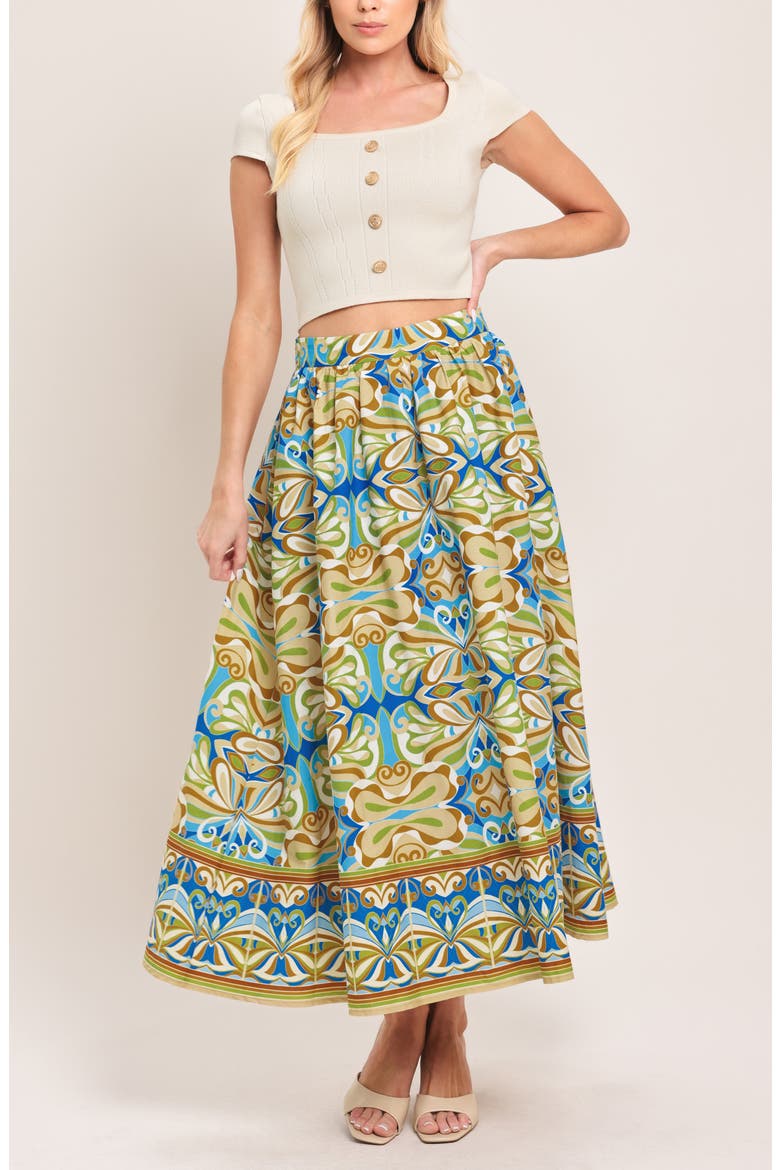 Printed Cotton Midi Skirt, Alternate, color, BLUE MULTI