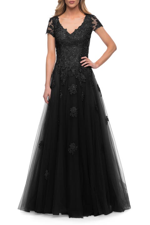Tulle A Line Gown with Lace Applique and V Neck