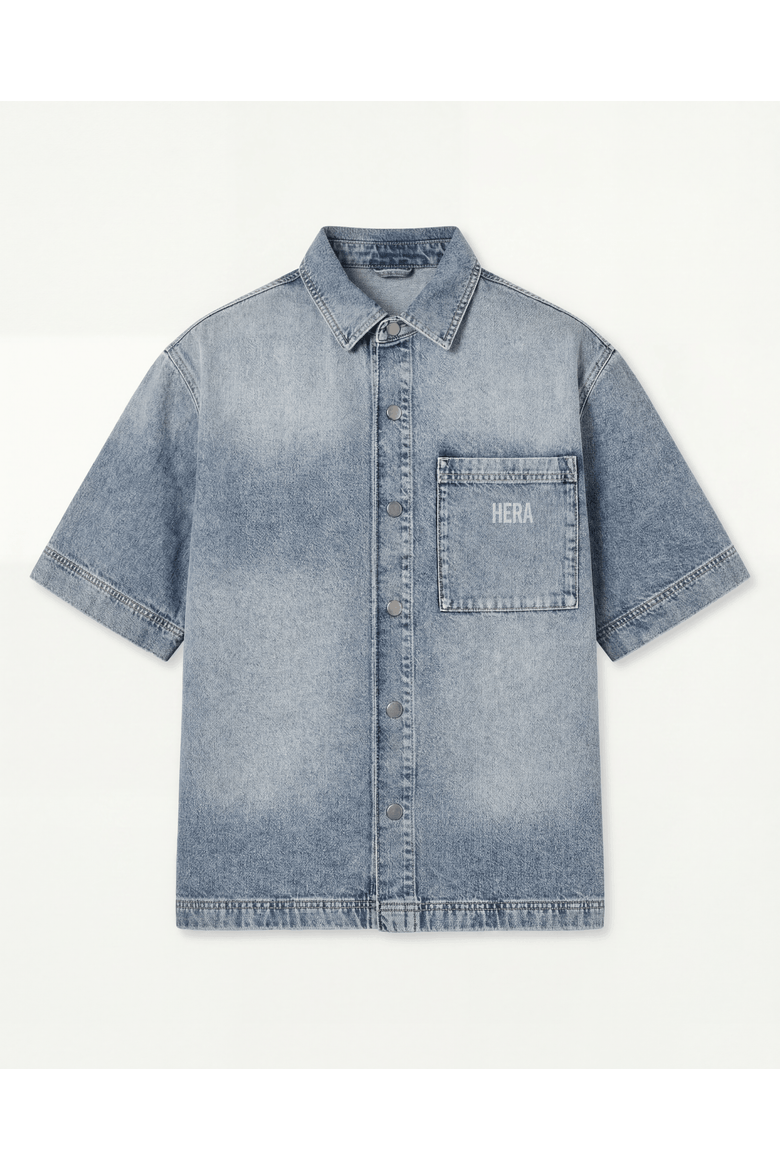 Denim Short Sleeve Oversized Shirt, Alternate, color, Mid Wash