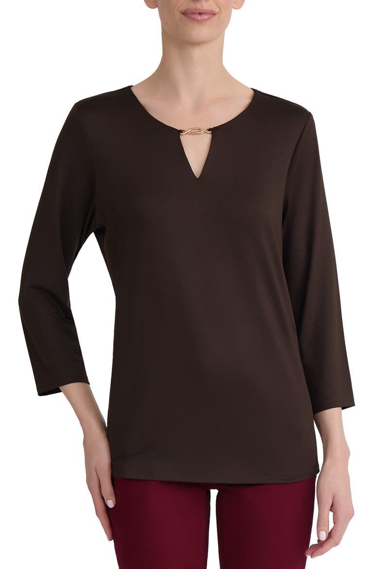 Keyhole Three-Quarter Sleeve Crepe Top, Main, color, COFFEE BEAN