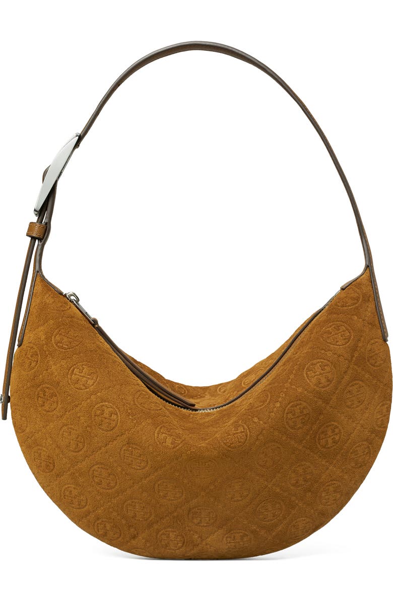 Tory Burch Small T Monogram Suede Balloon Bag, Main, color, Chicory Brown