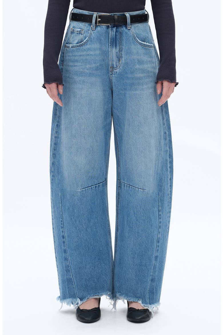 Frayed Super High Waist Barrel Jeans, Main, color, DARK BLUE