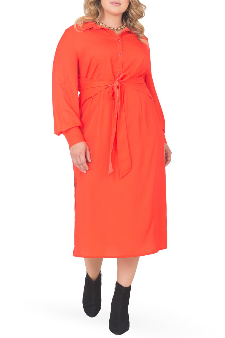 Tie Waist Long Sleeve Midi Dress, Alternate, color, CHERRY