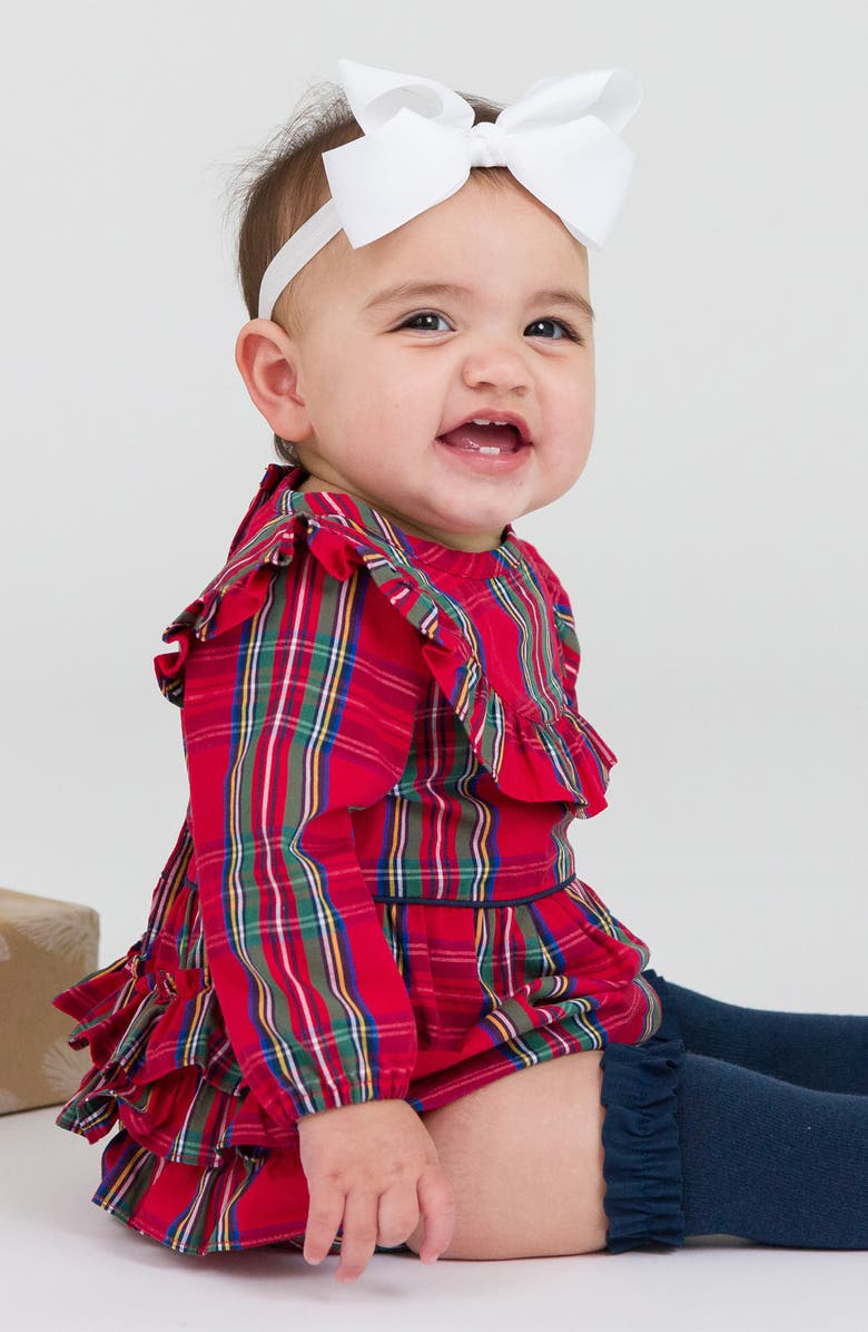 RuffleButts Tartan Cotton Bubble Romper & 3-Pack Over-the-Knee Socks Set, Alternate, color, 