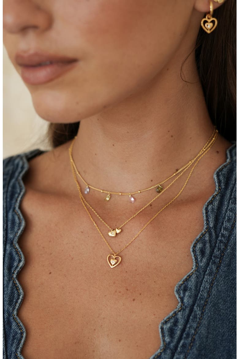 Double Heart & Cubic Zirconia Necklace, Alternate, color, GOLD