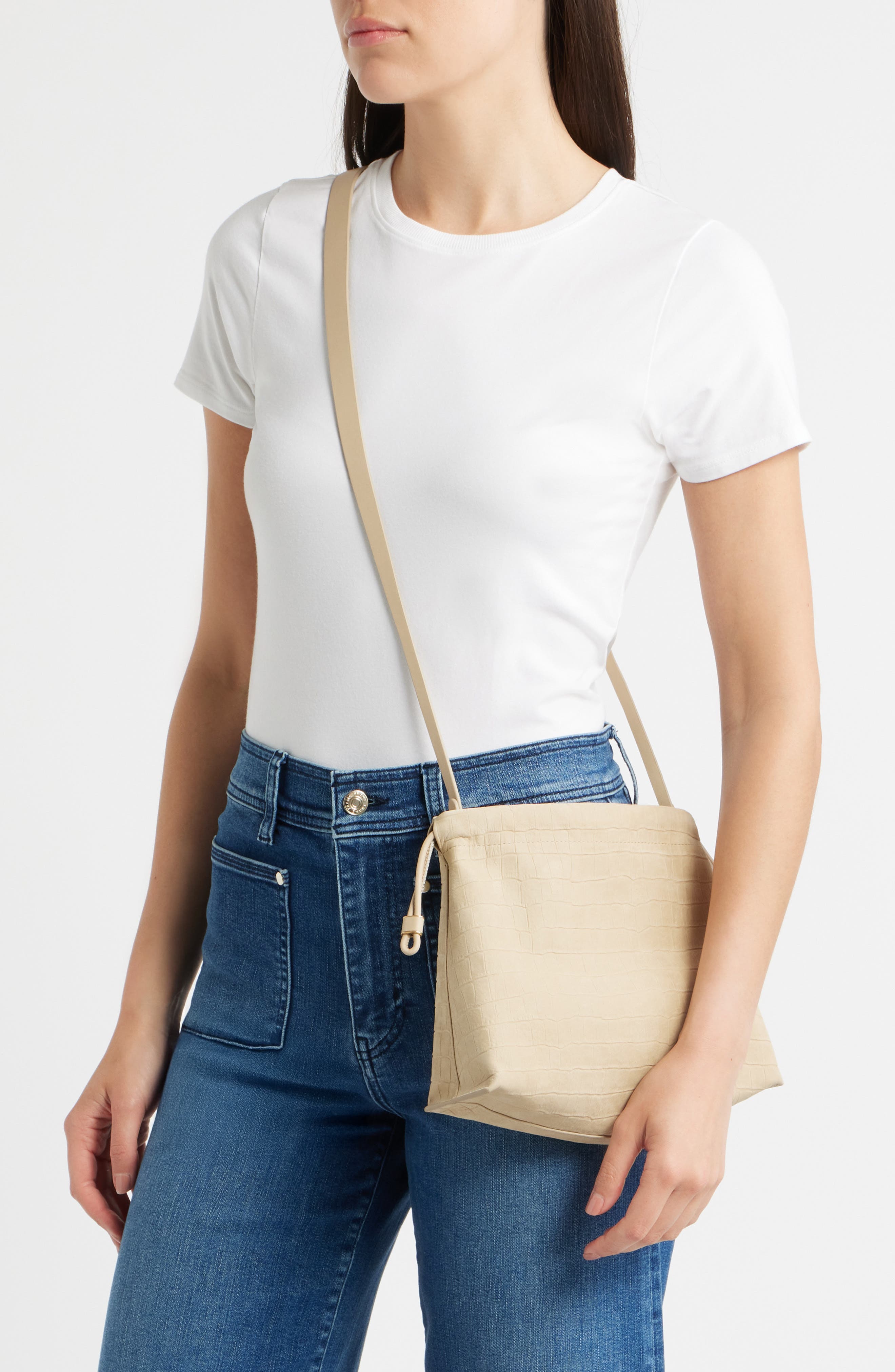 Vince Sarai Croc Embossed Leather Crossbody Bag, Alternate, color, Marzipan