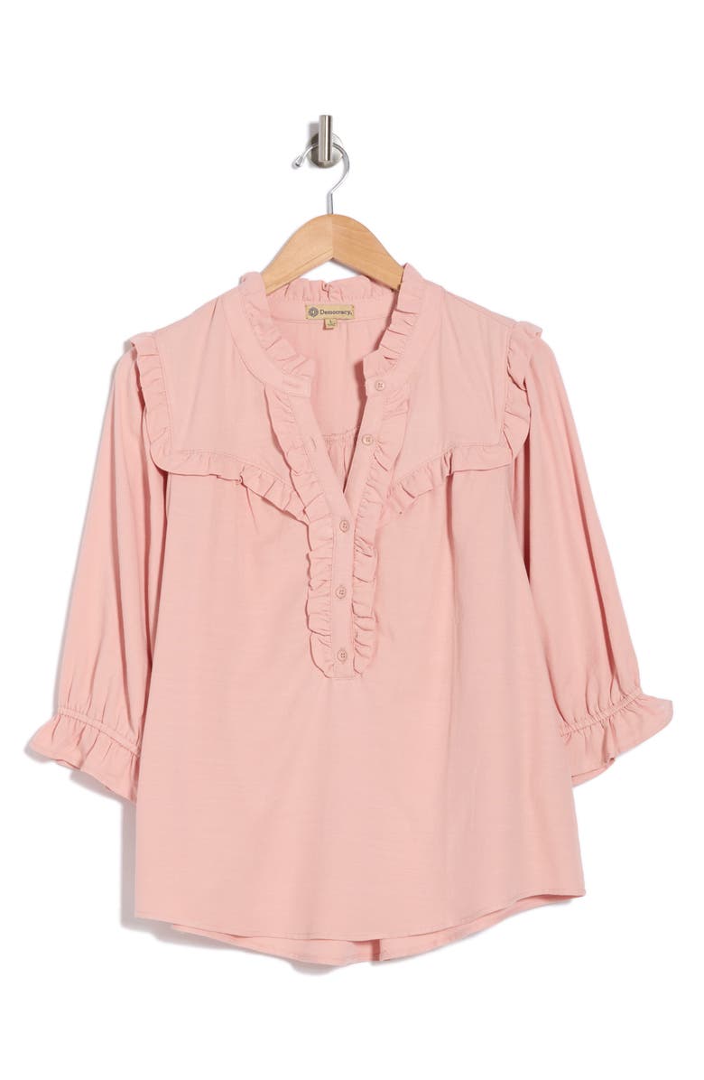 Democracy Ruffle Yoke Three-Quarter Sleeve Shirt, Alternate, color, Rose Bloom