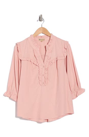 Democracy Ruffle Yoke Three-quarter Sleeve Shirt In Rose Bloom