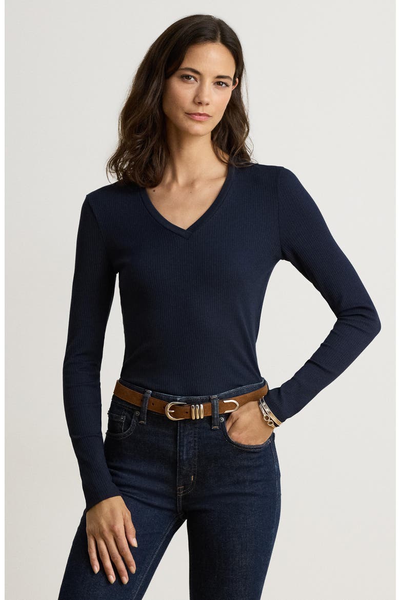 Rib Long Sleeve V-Neck Top, Alternate, color, LAUREN NAVY BLUE