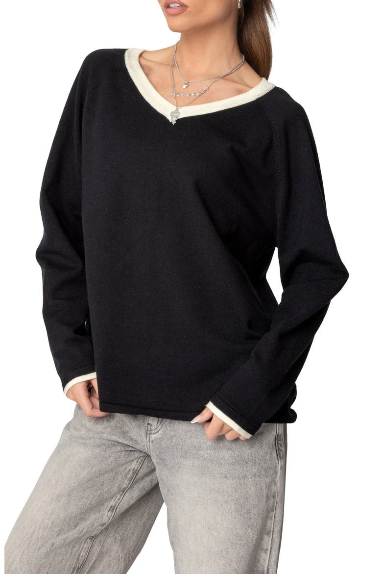 Contrast V-Neck Sweater, Alternate, color, BLACK