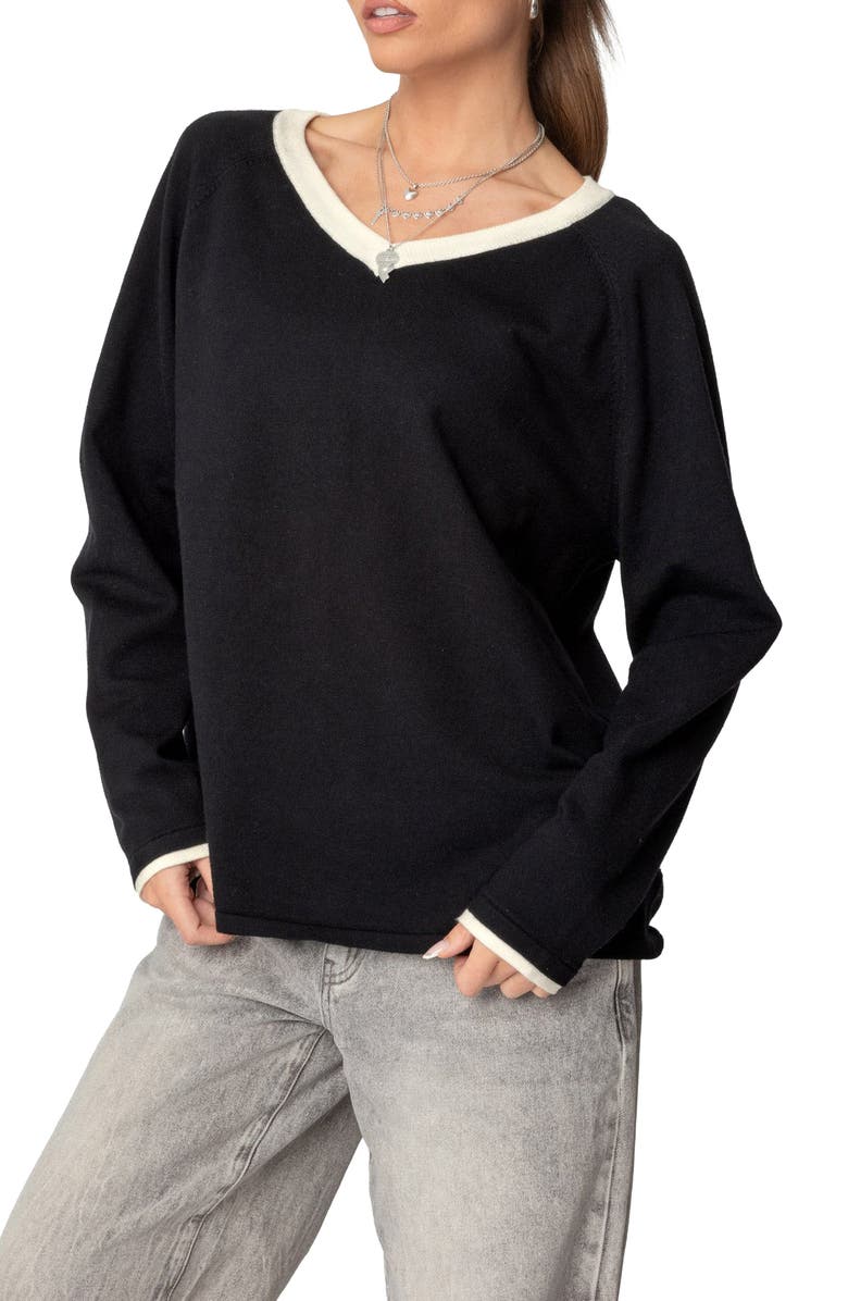EDIKTED Contrast V-Neck Sweater, Alternate, color, Black