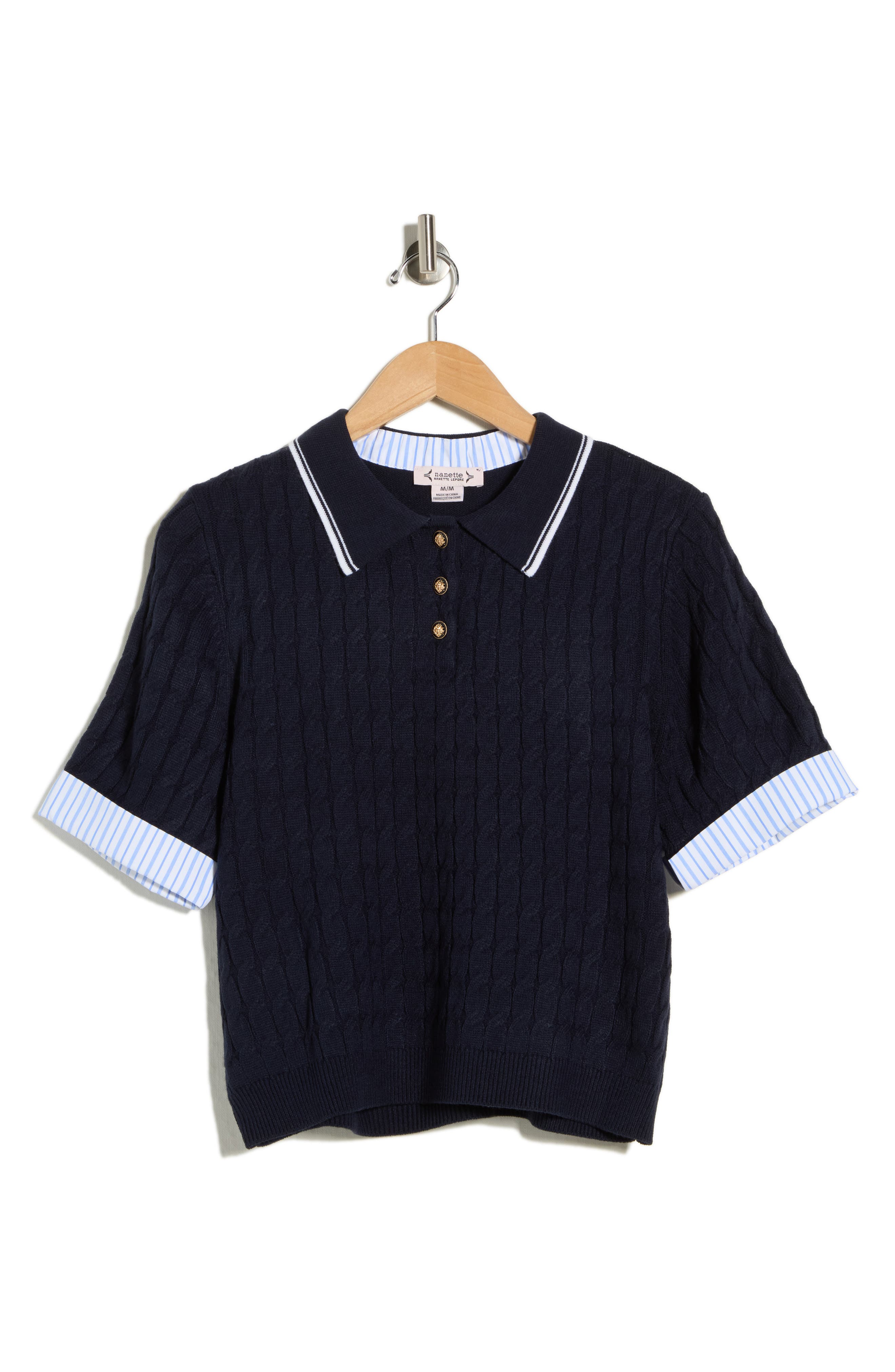 Nanette Lepore Stripe Cable Knit Polo Sweater