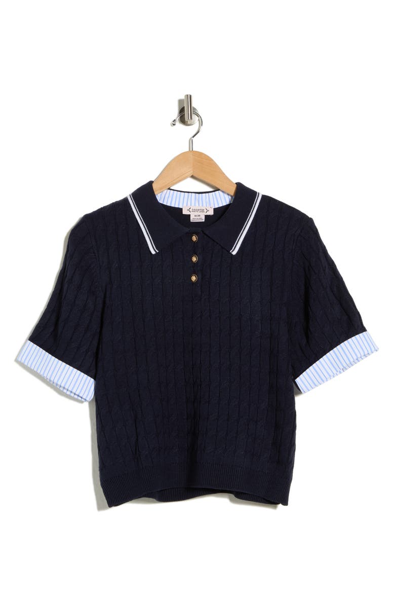 Nanette Lepore Stripe Cable Knit Polo Sweater, Main, color, Nanette Navy/ White