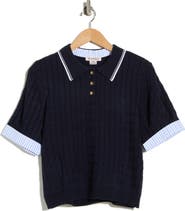 Nanette Lepore Stripe Cable Knit Polo Sweater