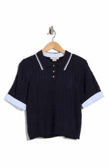Nanette Lepore Stripe Cable Knit Polo Sweater