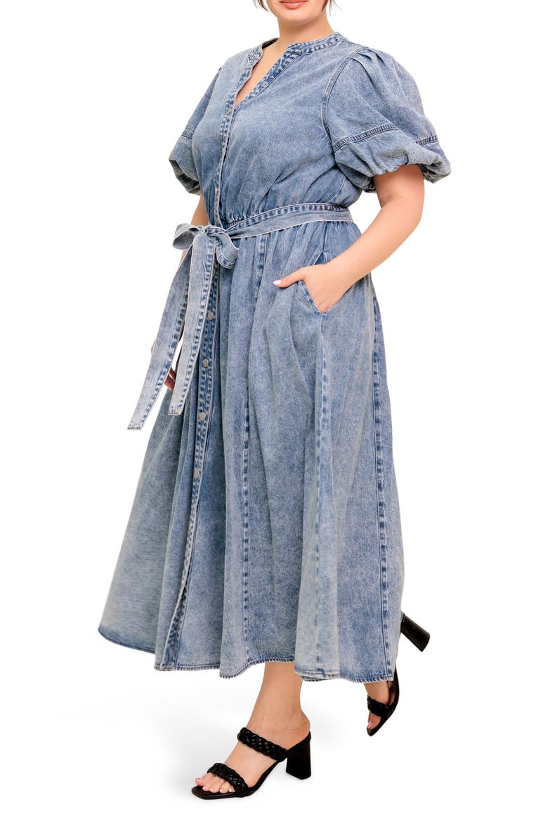 Puff Sleeve Denim Maxi Dress, Alternate, color, LIGHT DENIM