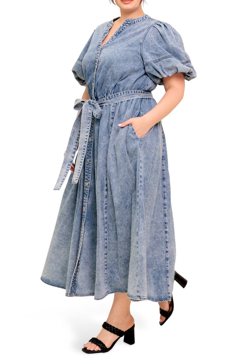 FLYING TOMATO Puff Sleeve Denim Maxi Dress, Alternate, color, Light Denim