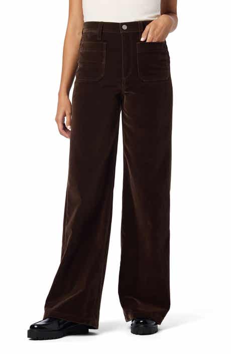 High Waist Patch Pocket Wide Leg Velveteen Pants