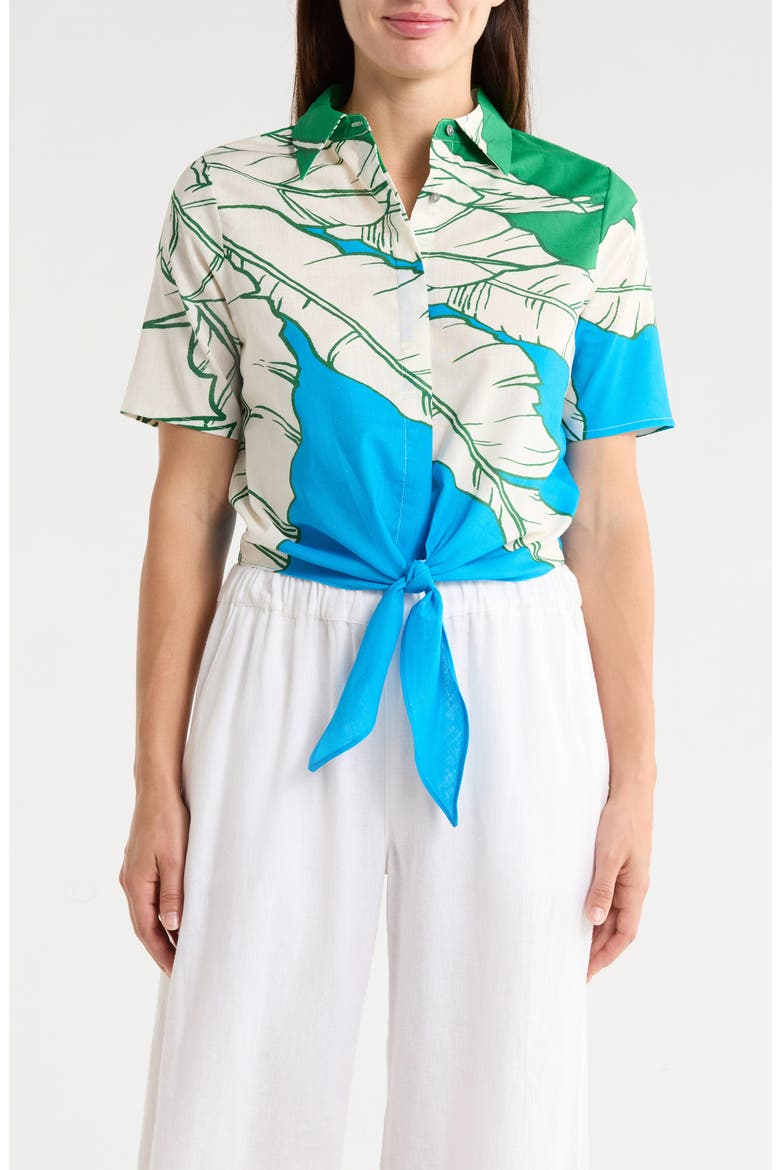 Short Sleeve Tie Front Cotton & Linen Crop Shirt, Main, color, PALM CASCADE PRINT
