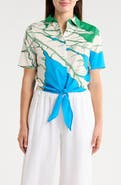T Tahari Short Sleeve Tie Front Cotton & Linen Crop Shirt
