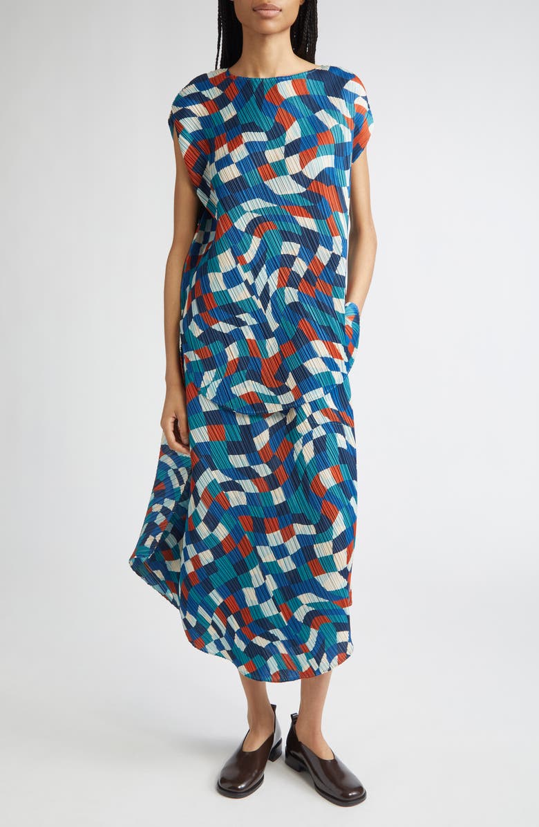 Pleats Please Issey Miyake Dancing Square Pleated Top, Alternate, color, Blue